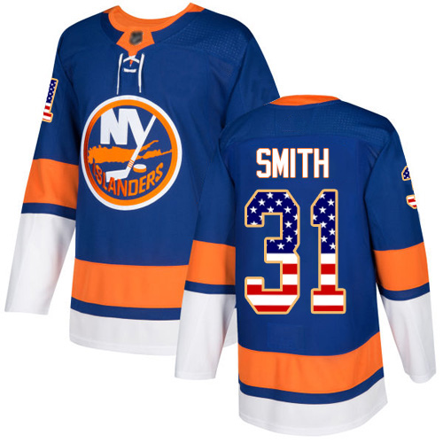 Adidas Youth Billy Smith Authentic Royal Blue Jersey: NHL #31 New York Islanders USA Flag Fashion