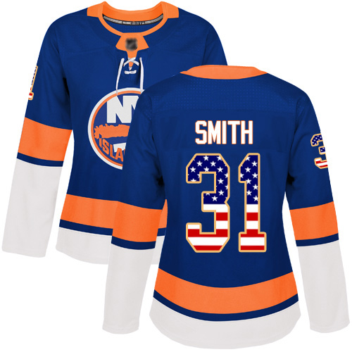 Adidas Women's Billy Smith Authentic Royal Blue Jersey: NHL #31 New York Islanders USA Flag Fashion