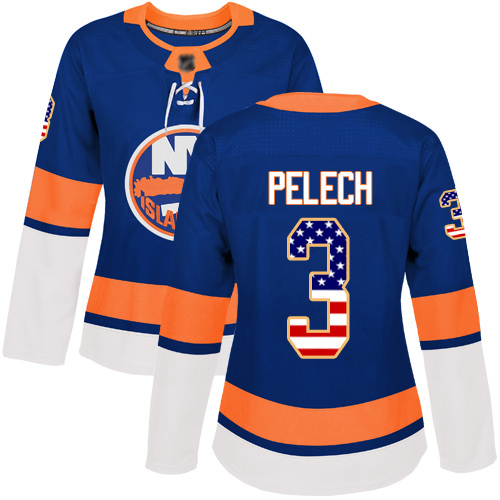 Women's Adam Pelech Authentic Royal Blue Jersey: Hockey #3 New York Islanders USA Flag Fashion