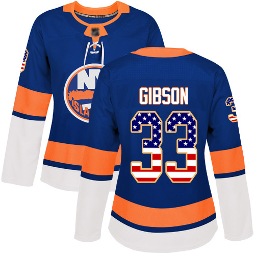 Women's Christopher Gibson Authentic Royal Blue Jersey: Hockey #33 New York Islanders USA Flag Fashion
