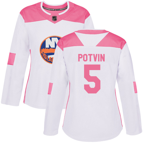 Adidas Women's Denis Potvin Authentic White/Pink Jersey: NHL #5 New York Islanders Fashion