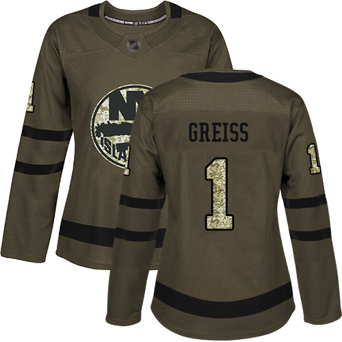 Adidas Women's Thomas Greiss Authentic Green Jersey: NHL #1 New York Islanders Salute to Service